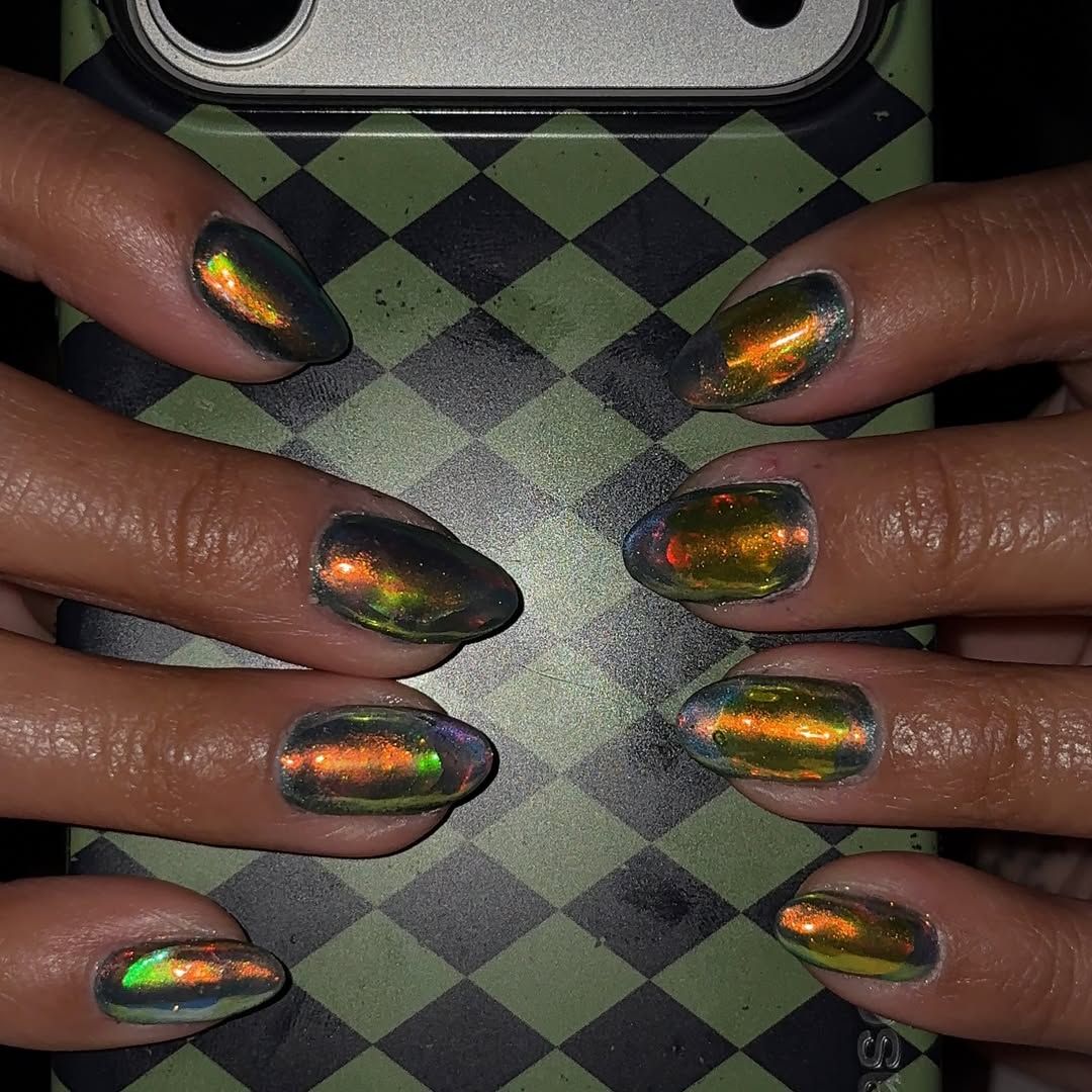 Chrome nails on a checkered background