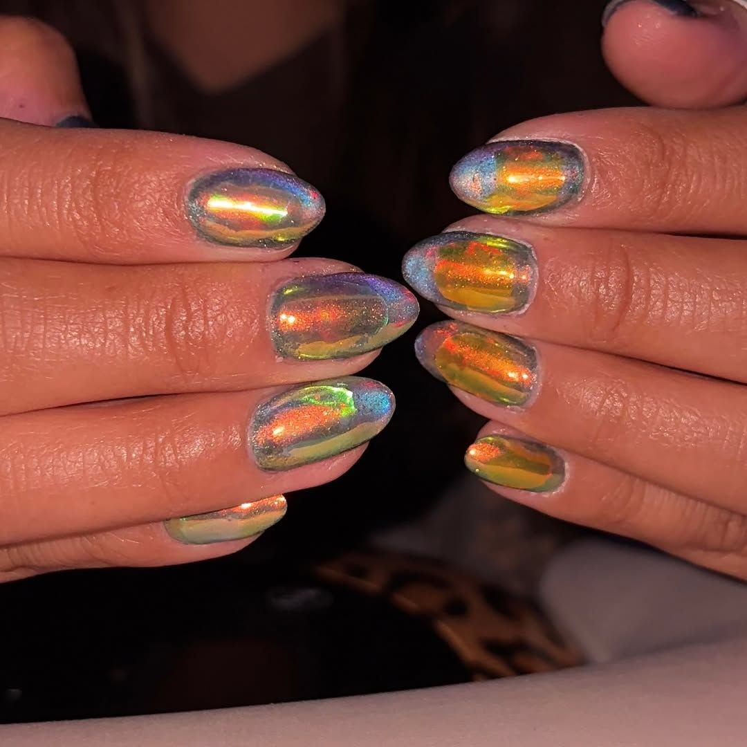 Iridescent chrome almond nails