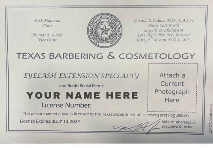 Sample Texas Barbering and Cosmetology Eyelash Extension Specialty license reading Your Name Here